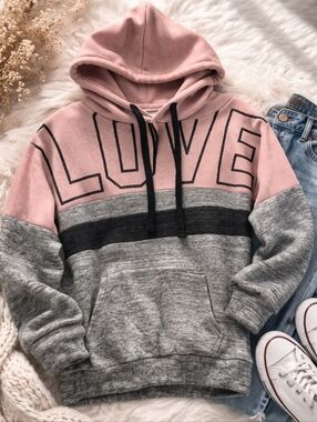 Reflex Pink "Love" Hoodie Graphic Colorblock Cozy Casual Pullover Sweatshirt
